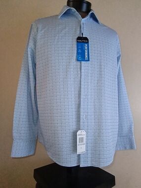 Nautica Men's Light Blue Grid-Print Dress Shirt